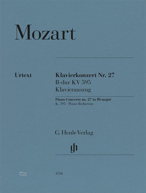 Text: Mozart, Klavierkonzert Nr. 27 B-dur KV 595, Klavierauszug, G. Henle Verlag. Blauer Hintergrund, schlichtes Design.