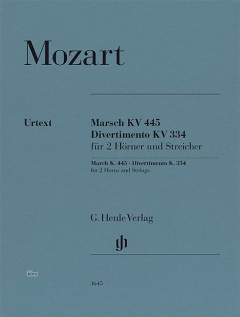 Mozart, Marsch KV 445, Divertimento KV 334, für 2 Hörner und Streicher. G. Henle Verlag. Blauer Hintergrund.