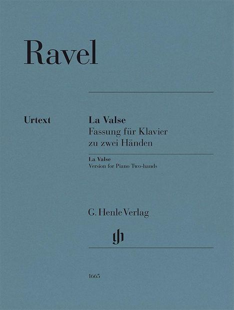 „Ravel, La Valse, Fassung für Klavier zu zwei Händen, C. Henle Verlag.“ Schlichtes Design, dunkelblauer Hintergrund.