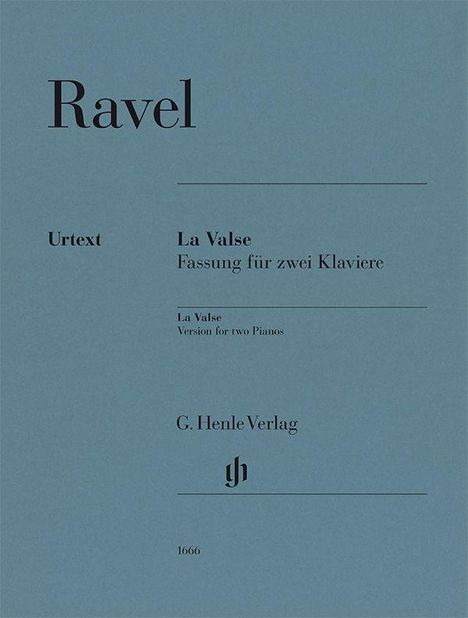 "Ravel, Urtext, La Valse, Fassung für zwei Klaviere. G. Henle Verlag. Blauer Hintergrund, minimalistisches Design."