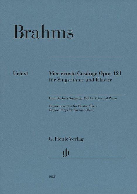 "Brahms, Vier ernste Gesänge Opus 121. G. Henle Verlag. Blauer Hintergrund, klassisches Notenheftdesign."