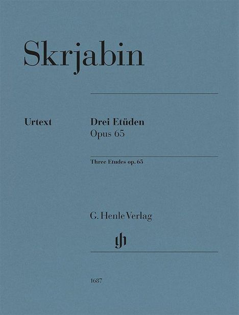 Skrjabin, Drei Etüden Opus 65, Urtext, G. Henle Verlag, 1687. Blaues Cover mit schlichtem Design.