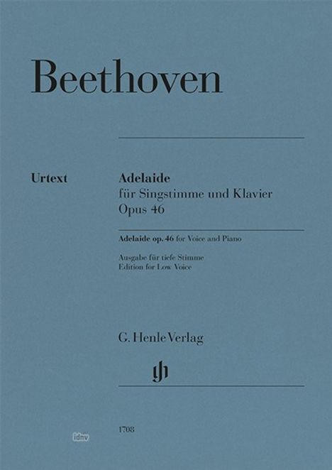 Beethoven, Adelaide für Singstimme und Klavier, Opus 46, G. Henle Verlag. Blaue Titelseite mit schlichtem Design.