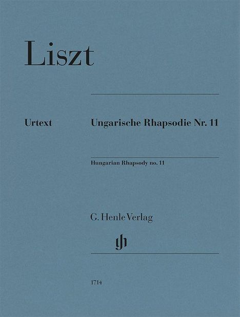 „Liszt“, „Ungarische Rhapsodie Nr. 11“, „Urtext“, „Hungarian Rhapsody no. 11“, „G. Henle Verlag“. Blaues Cover.