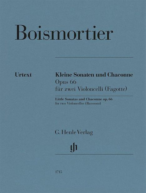 Boismortier, Opus 66 für zwei Violoncelli (Fagotte). G. Henle Verlag. Urtext. 1715. Blaues Cover mit schlichtem Design.