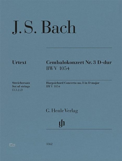 J.S. Bach, Cembalokonzert Nr. 3 D-dur BWV 1054, Urtext, G. Henle Verlag; blaue Titelseite mit Verlagslogo.