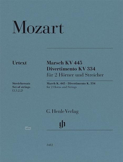 Mozart, Marsch KV 445, Divertimento KV 334 für 2 Hörner und Streicher. G. Henle Verlag. Blaues Cover mit elegantem Design.