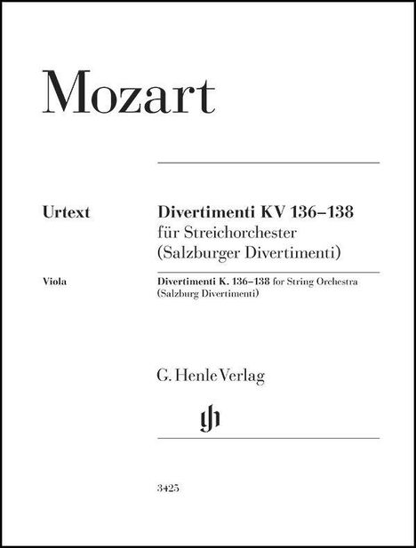 Texte: "Mozart", "Urtext", "Divertimenti KV 136–138", "Viola", "G. Henle Verlag". Elegantes, minimalistisches Design.