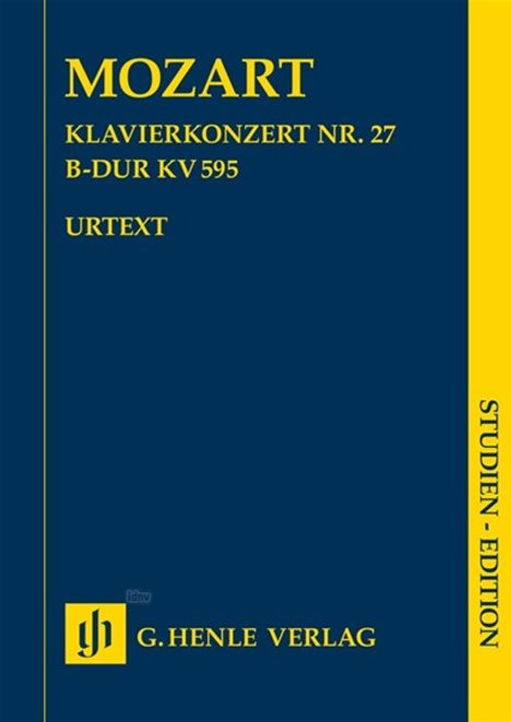 „MOZART, KLAVIERKONZERT NR. 27 B-DUR KV 595, URTEXT, STUDIEN-EDITION, G. HENLE VERLAG“ in Gelb auf dunkelblauem Hintergrund.