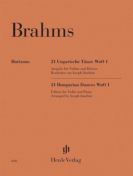 "Brahms" oben. Details zu "21 Ungarische Tänze WoO 1", bearbeitet von Joseph Joachim. Unten "HenleVerlag" Logo.