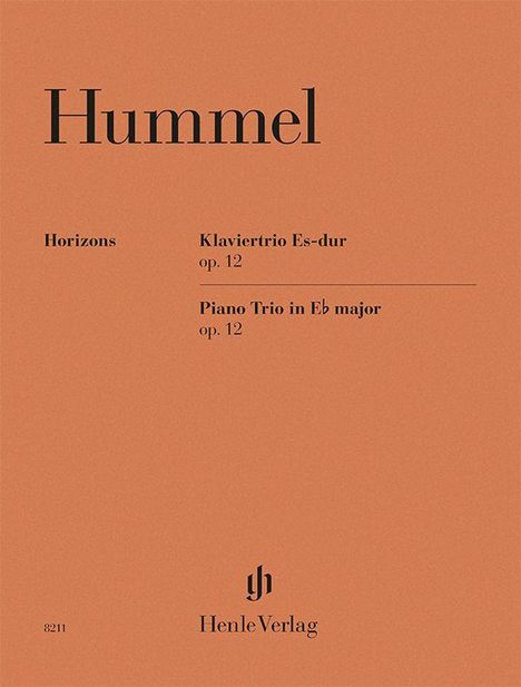 Text: Hummel, Horizons, Klaviertrio Es-dur op. 12, Piano Trio in E♭ major op. 12. Unten: HenleVerlag. Braun-orange Hintergrund.