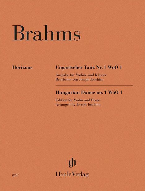 "Brahms", "Horizons", "Ungarischer Tanz Nr. 1 WoO 1", "HenleVerlag", Text auf orangefarbenem Hintergrund.