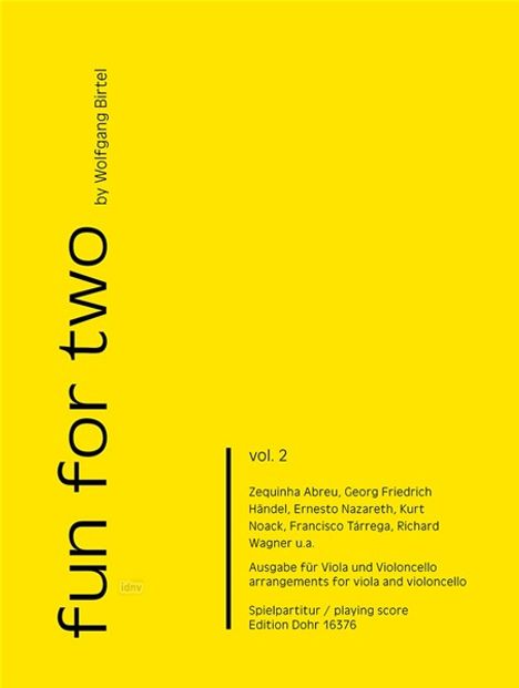 Gelber Hintergrund, schwarzer Text: "fun for two", "vol. 2", Namen von Komponisten, Arrangement für Viola und Cello.