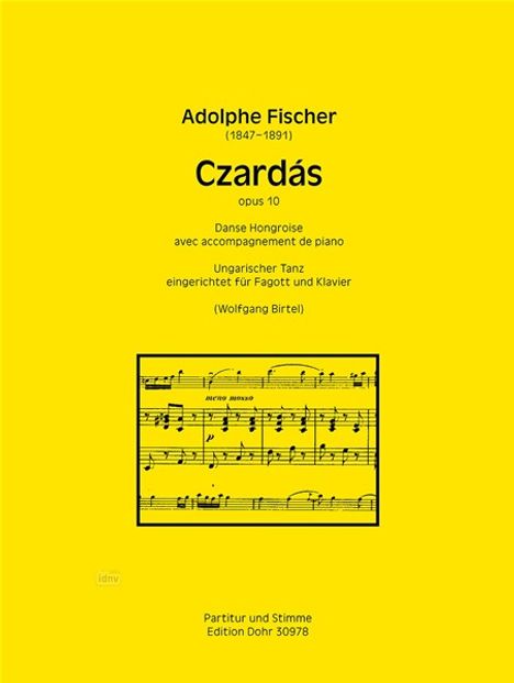 Text: Adolphe Fischer, Czardás, opus 10, Ungarischer Tanz, eingerichtet für Fagott und Klavier. Gelber Hintergrund mit Notenblatt.