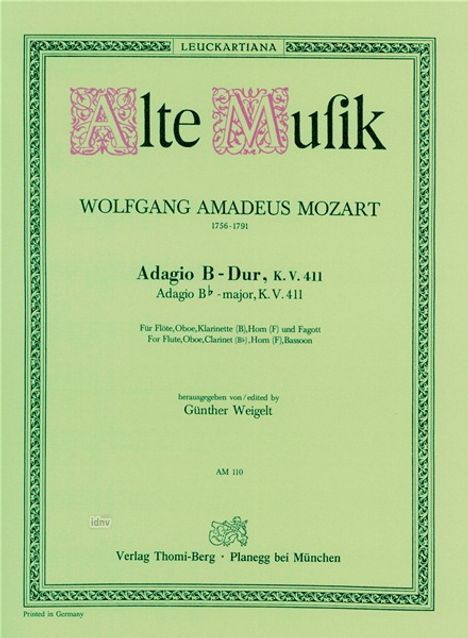 Wolfgang Amadeus Mozart: Adagio B-Dur KV 411, Noten