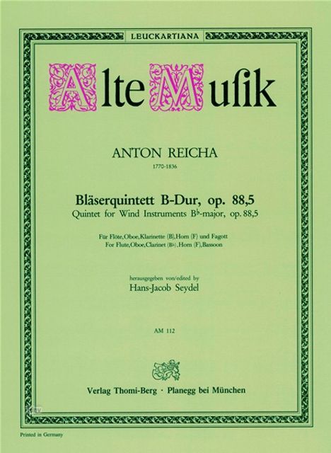 Anton Reicha: Quintett B-Dur op. 88/5, Noten