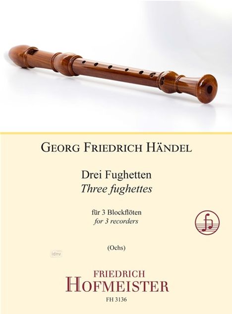 Georg Friedrich Händel, Drei Fughetten für 3 Blockflöten. Oben Holzblockflöte, unten Verlagslogo.
