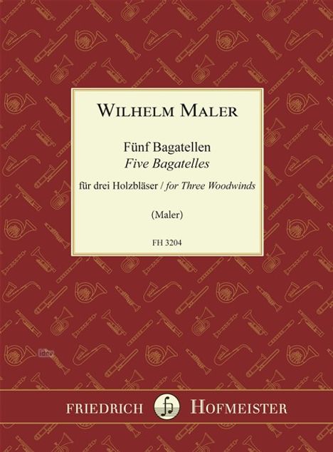 Wilhelm Maler, Fünf Bagatellen für drei Holzbläser, Friedrich Hofmeister. Rotes Muster mit Musikmotiven.