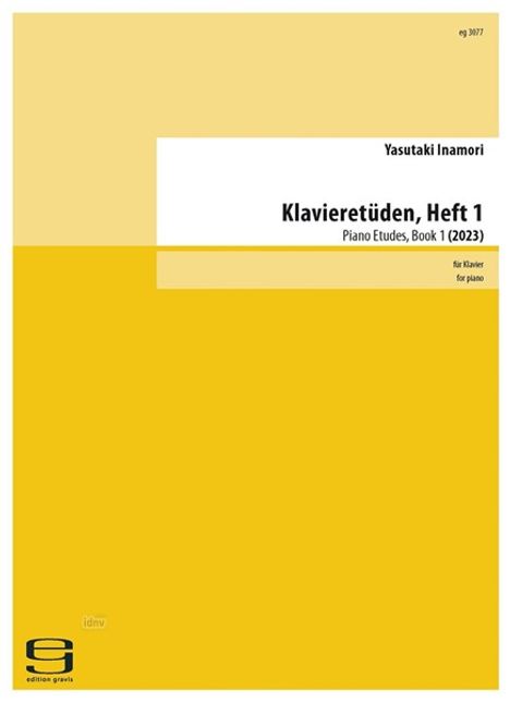 "Klavieretüden, Heft 1" von Yasutaki Inamori. Gelbe und weiße Bereiche, modernes Layout.