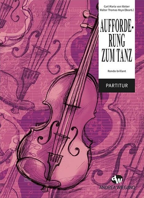 "Aufforderung zum Tanz", Partitur. Illustration einer Violine auf lila Hintergrund mit musikalischen Noten.