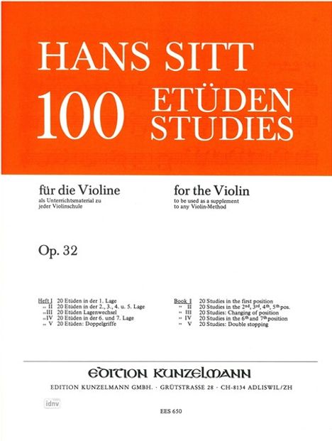 Hans Sitt: 20 Etüden in der 1. Lage op. 32, Noten