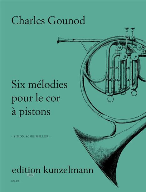Text: Charles Gounod, Six mélodies pour le cor à pistons, edition kunzelmann. Illustration: Horn auf grünem Hintergrund.