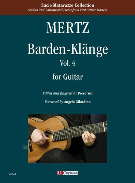 Covertext: "MERTZ Barden-Klänge Vol. 4 for Guitar". Unten sieht man jemand, der eine Gitarre spielt.