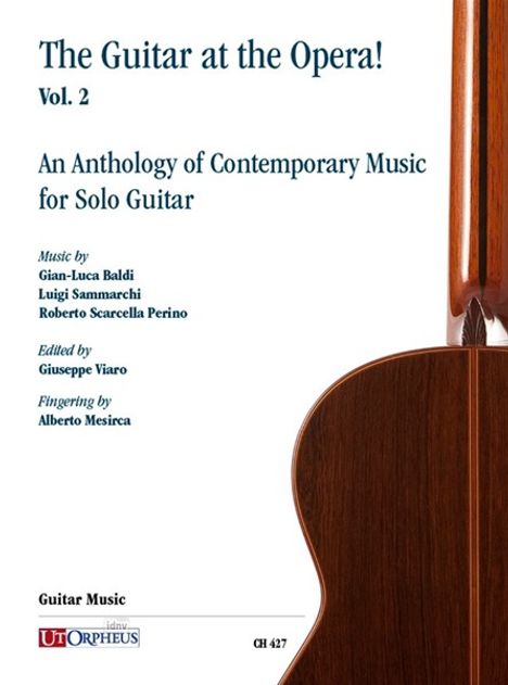 "The Guitar at the Opera! Vol. 2" ist eine Anthologie für Solo-Gitarre mit Musik von drei Komponisten. Links Text, rechts Gitarrenhälfte.
