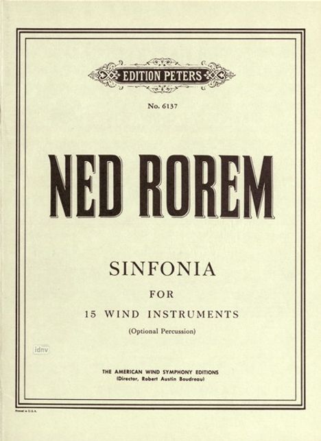 Ned Rorem: Sinfonia for Fifteen Wind Instruments (with Optional Percussion) (1956/1957), Noten