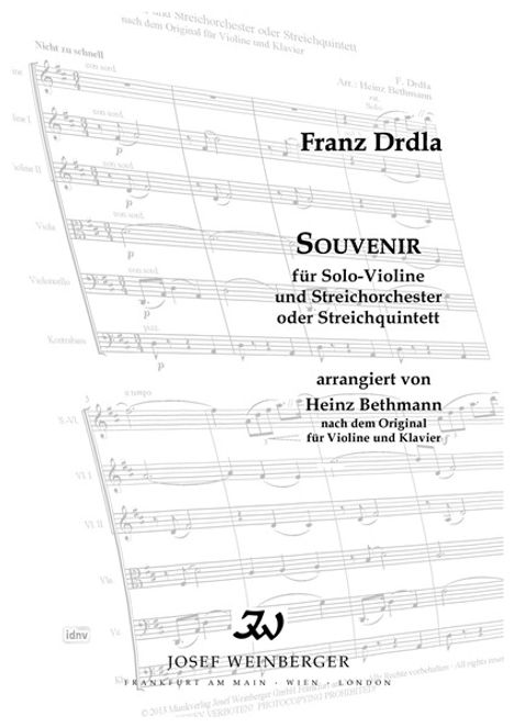 Franz Drdla: Souvenir für Solo-Violine und Streichorchester oder Streichquintett D-Dur (1904/2012), Noten