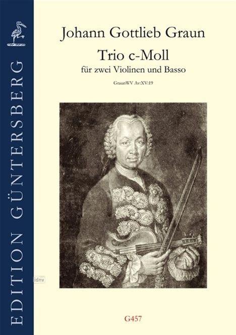 "Johann Gottlieb Graun - Trio c-Moll für zwei Violinen und Basso, GraunWV Av:XV:19." Illustration eines Musikers mit Geige.