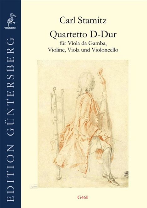 Der Text ist: "Carl Stamitz, Quartetto D-Dur, für Viola da Gamba, Violine, Viola und Violoncello." Links ein blaues Logo.
