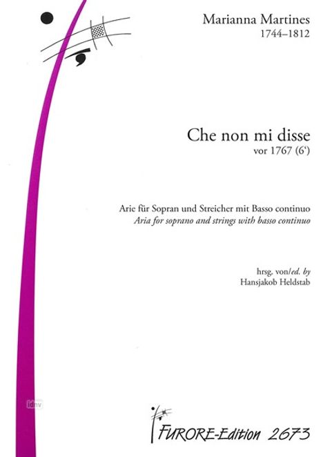 Titel: "Che non mi disse". Vor 1767 (6'). Arie für Sopran und Streicher. Herausgeber: Hansjakob Heldstab. Lila Note links.