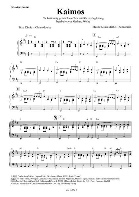 Kaimos für Klavier und 4-stimmigen gemischten Chor, Noten