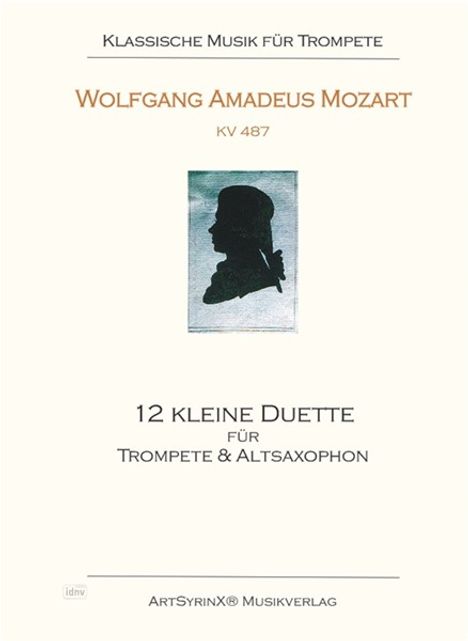 Klassische Musik für Trompete. Wolfgang Amadeus Mozart, KV 487. 12 kleine Duette für Trompete & Altsaxophon. Silhouettenbild.