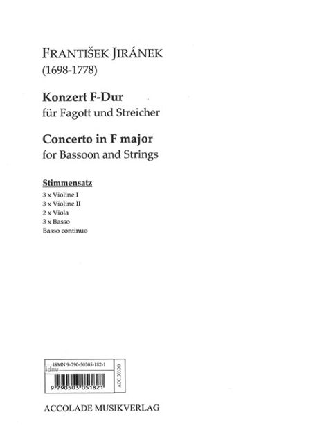 Frantisek Jiranek: Konzert für Fagott, Streicher und continuo F-Dur, Noten