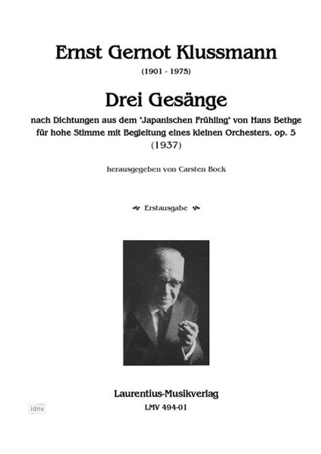Text über Musikstück "Drei Gesänge" von Ernst Gernot Klussmann. Enthält Foto eines Mannes. Laurentiu-Musikverlag.