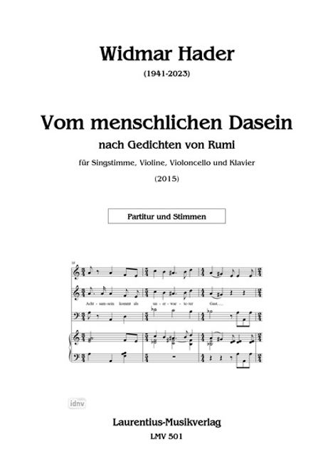 Widmar Hader, 1941-2023. "Vom menschlichen Dasein", Gedichte von Rumi. Musiknoten und Verlagshinweis.