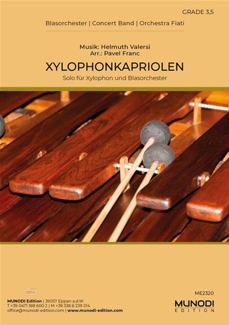 Text: "XYLOPHONKAPRIOLEN - Solo für Xylophon und Blasorchester." Bild zeigt Xylophon mit Schlägeln.