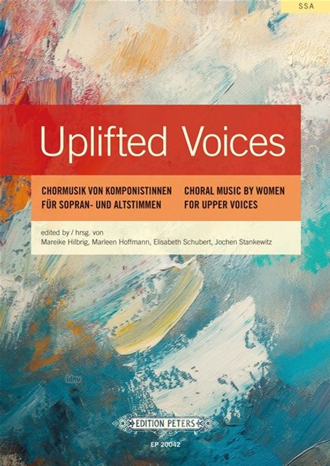 "Uplifted Voices", Chormusik von Komponistinnen für Sopran- und Altstimmen. Bunte malerische Kunst als Hintergrund.