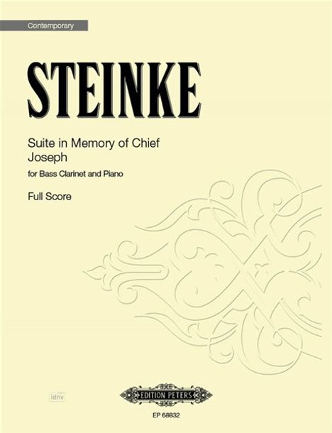 "STEINKE: Suite in Memory of Chief Joseph für Bassklarinette und Klavier. Vollständige Partitur." Verzierungen als Hintergrund.