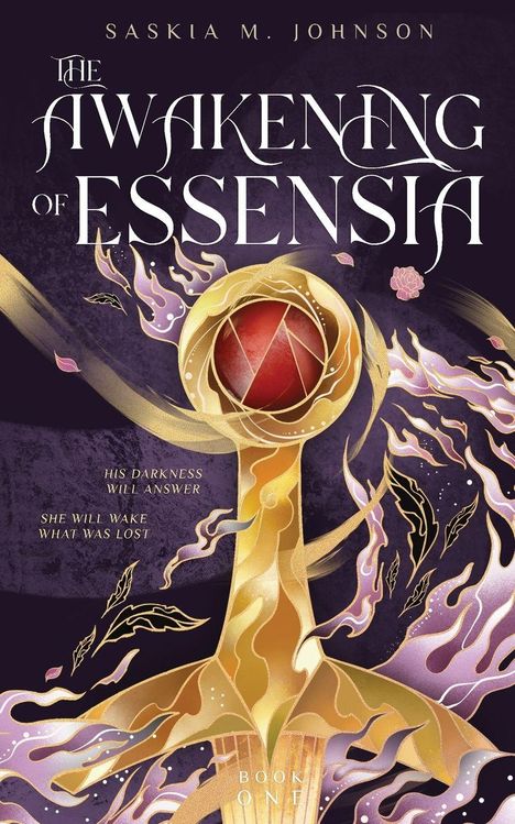 Buchtitel: "The Awakening of Essensia". Ein dramatisches Schwert mit flammenähnlichen Mustern und mystischen Elementen.