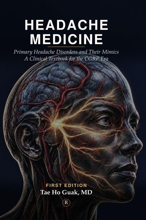 HEADACHE MEDICINE: Titel eines Buchs. Seitliche Illustration eines menschlichen Kopfes mit sichtbaren Nerven und Adern.