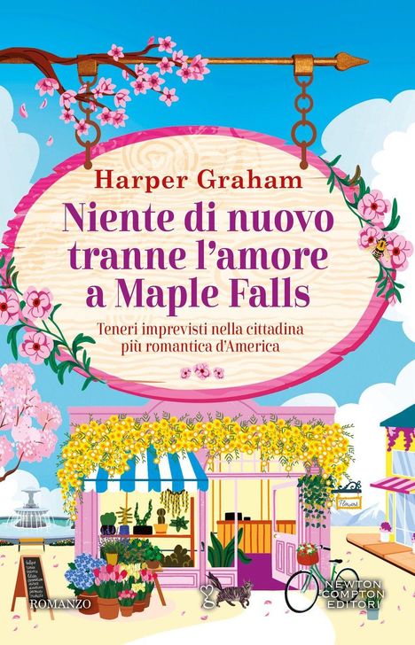 „Niente di nuovo tranne l’amore a Maple Falls“ von Harper Graham. Illustration eines Blumengeschäfts mit blühenden Pflanzen.