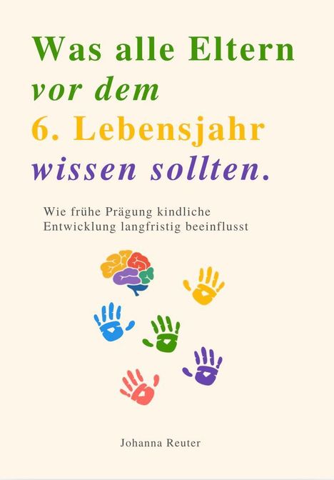 „Was alle Eltern vor dem 6. Lebensjahr wissen sollten“ in bunten Farben. Darunter bunte Handabdrücke und ein Gehirn-Symbol.