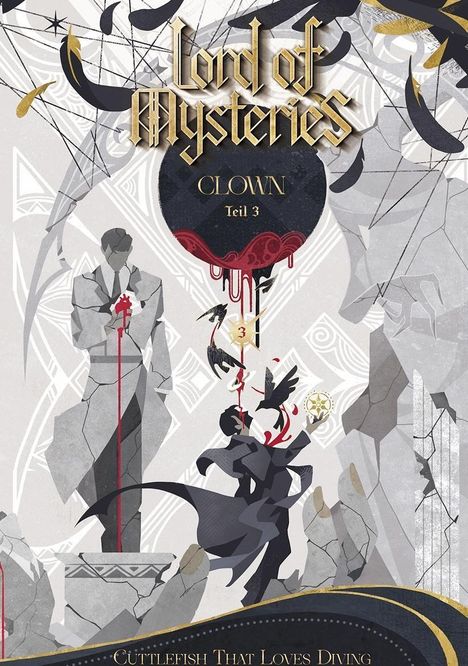 "Lord of Mysteries, Clown, Teil 3." Illustration mit stilisierten Figuren und Symbolen, in Grau- und Rottönen gehalten.
