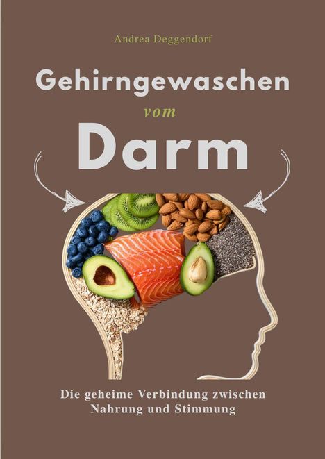 „Andrea Deggendorf: Gehirngewaschen vom Darm. Die geheime Verbindung zwischen Nahrung und Stimmung.“ Illustration: Kopf mit Lebensmitteln.
