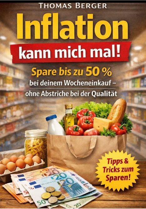 Text: "Inflation kann mich mal! Spare bis zu 50 % bei deinem Wocheneinkauf." Ein voller Einkaufskorb und Geldscheine.