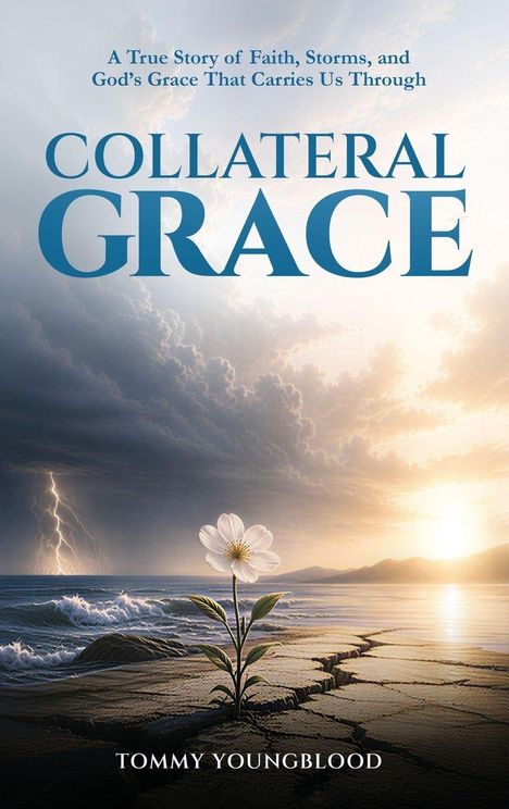 "Collateral Grace" zeigt eine Küstenszene mit Blume, Wolken und einem Blitz im Hintergrund. Autor: Tommy Youngblood.