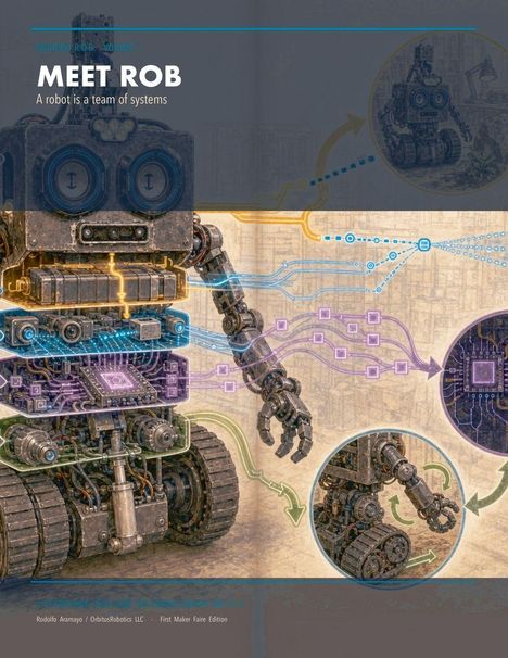 Text: "MEET ROB. A robot is a team of systems." Illustration zeigt einen Roboter mit Zahnrädern und Drähten.